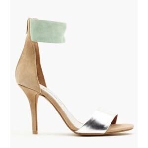 Jeffrey Campbell Ankle Cuff Heel Sandals 8 Suede Tan Silver Green Resort Cruise
